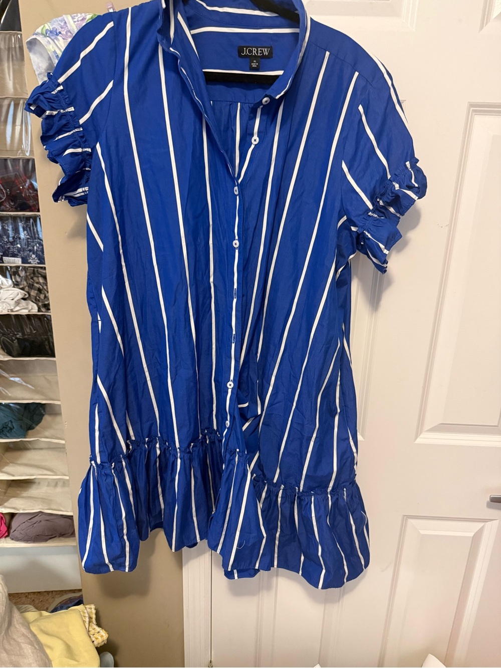 J.Crew Blue & White Striped Ruffle Hem Shirt Dress